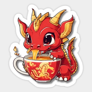 Red and Gold Dragon Sipping Tea Sticker